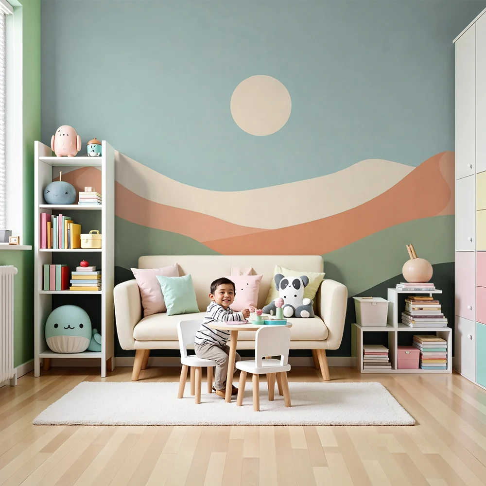 Nursery room wallpaper | Absztrakt táj dombos lágy hegyekkel és nyugtató napfényvel