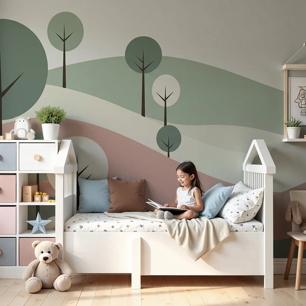 Nursery room wallpaper | Absztrakt táj fákkal és enyhe domborzattal