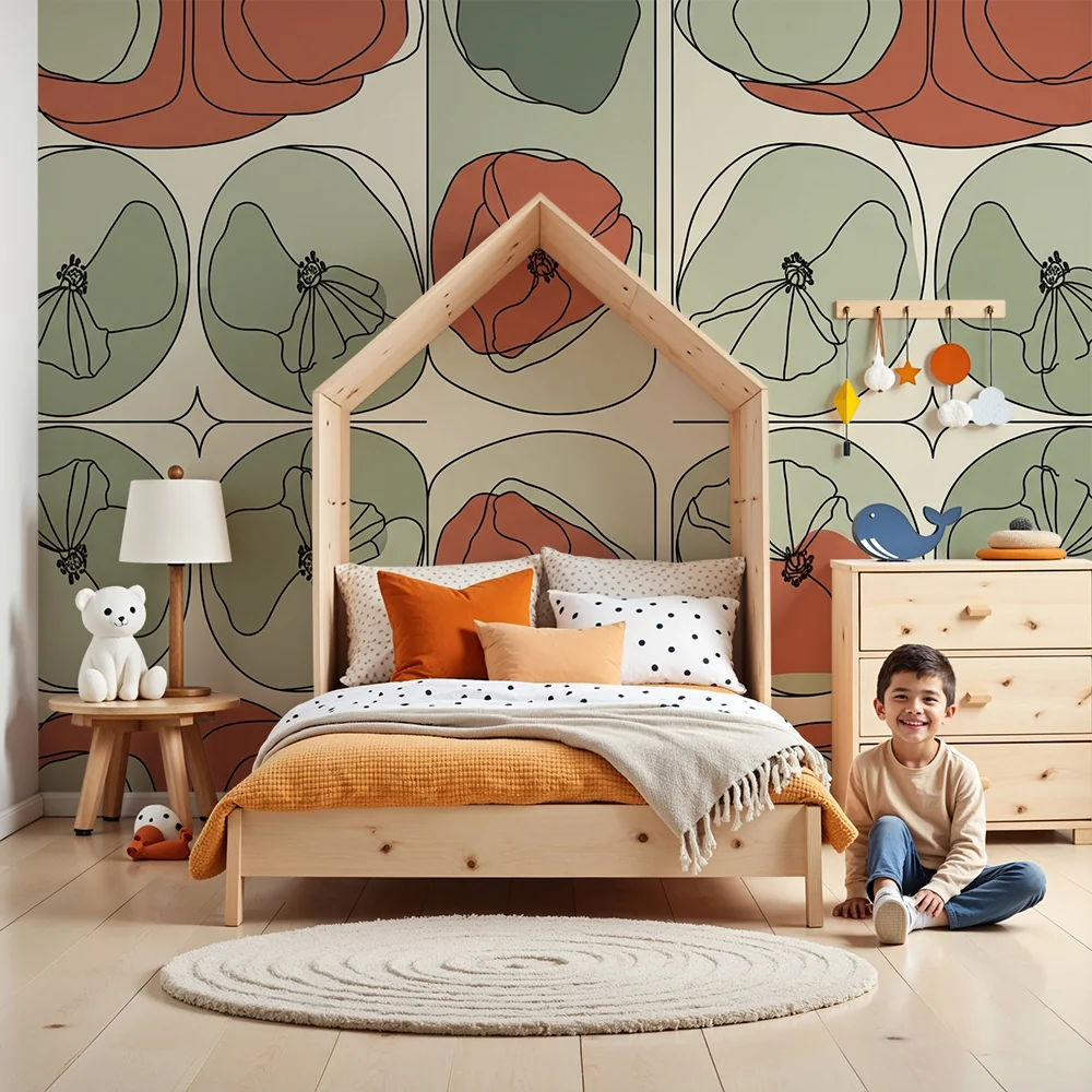 Nursery room wallpaper | Absztrakt virágok puha és meleg árnyalatokban