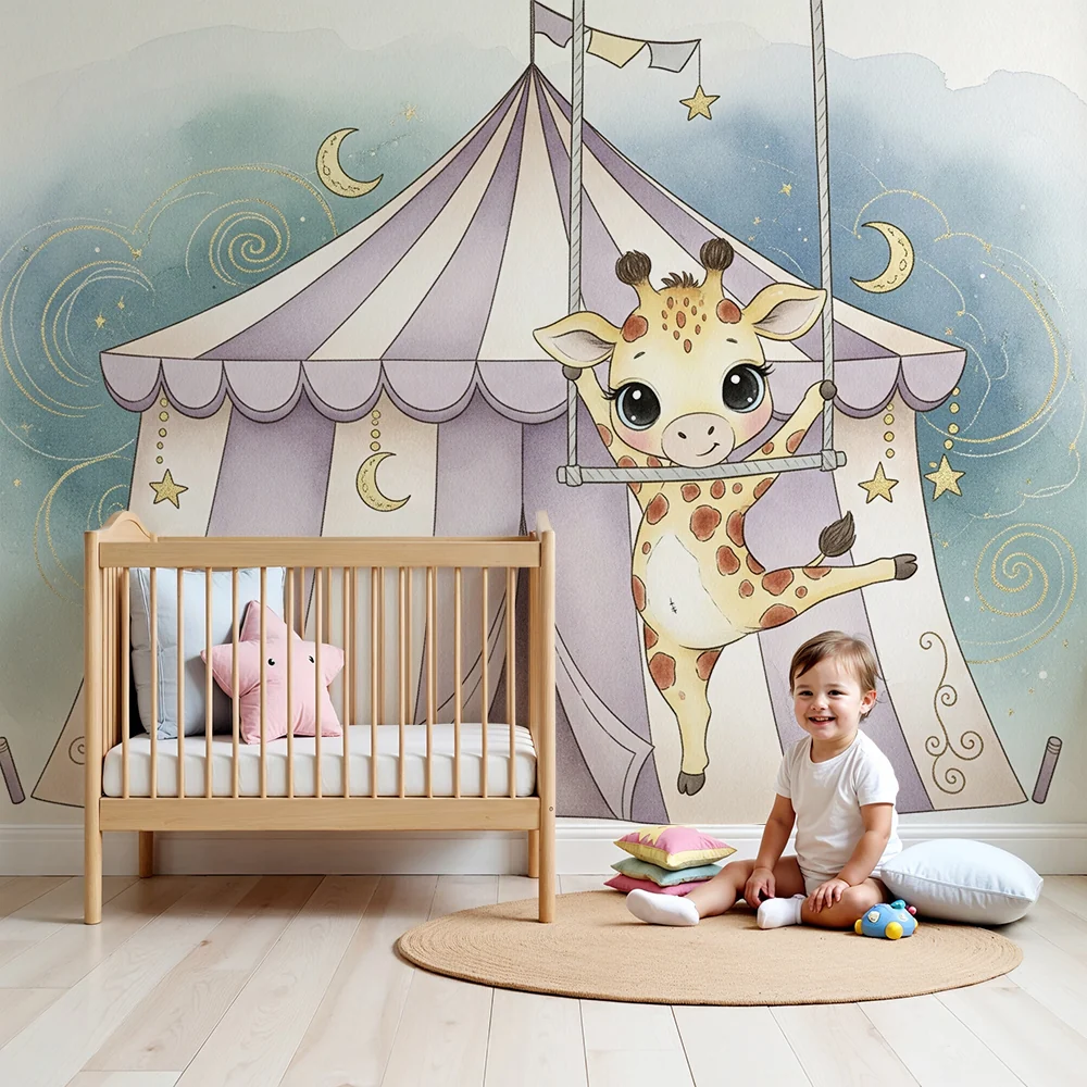 Nursery room wallpaper | Akrobata zsiráf sátor alatt