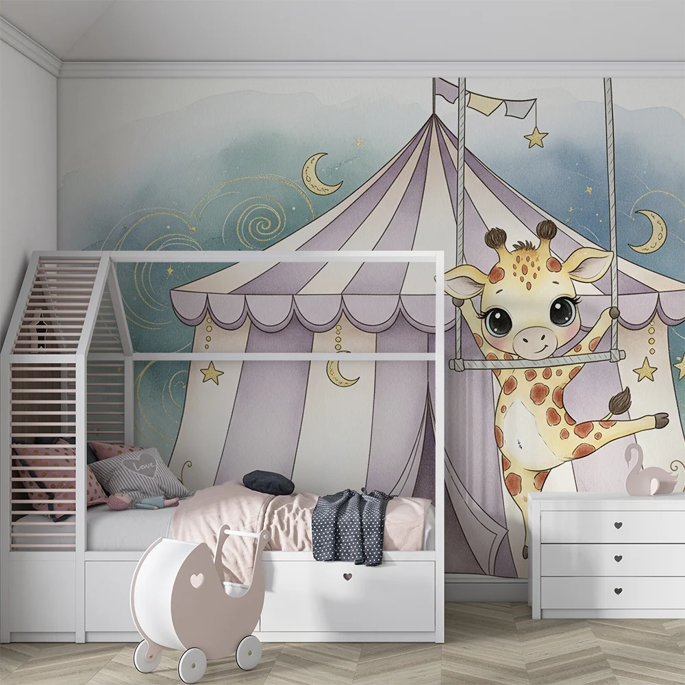 Nursery room wallpaper | Akrobata zsiráf sátor alatt
