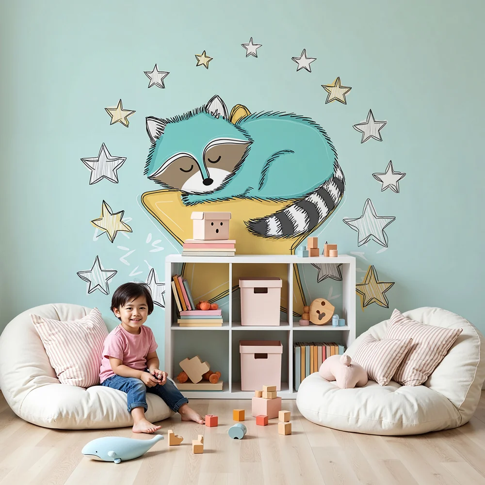 Nursery room wallpaper | Alsó álmos mosómedve egy csillagon csillogó csillagokkal