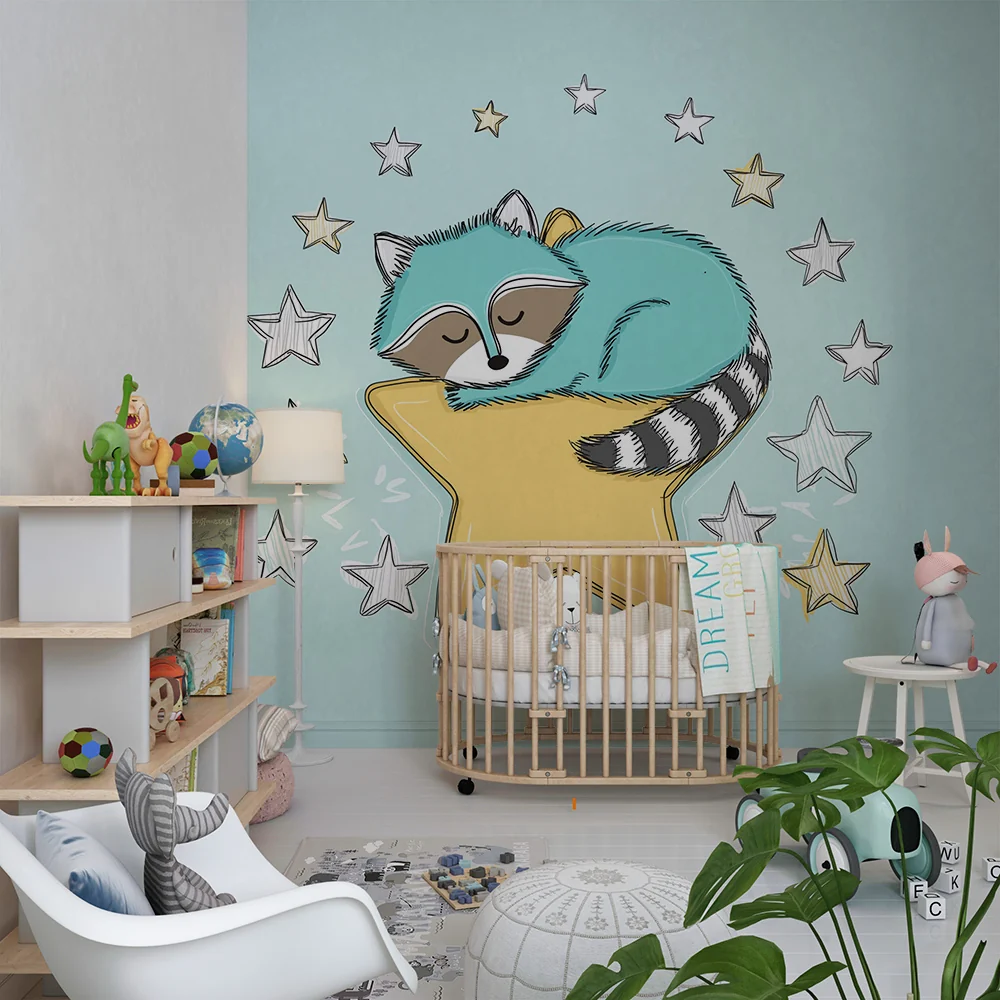 Nursery room wallpaper | Alsó álmos mosómedve egy csillagon csillogó csillagokkal