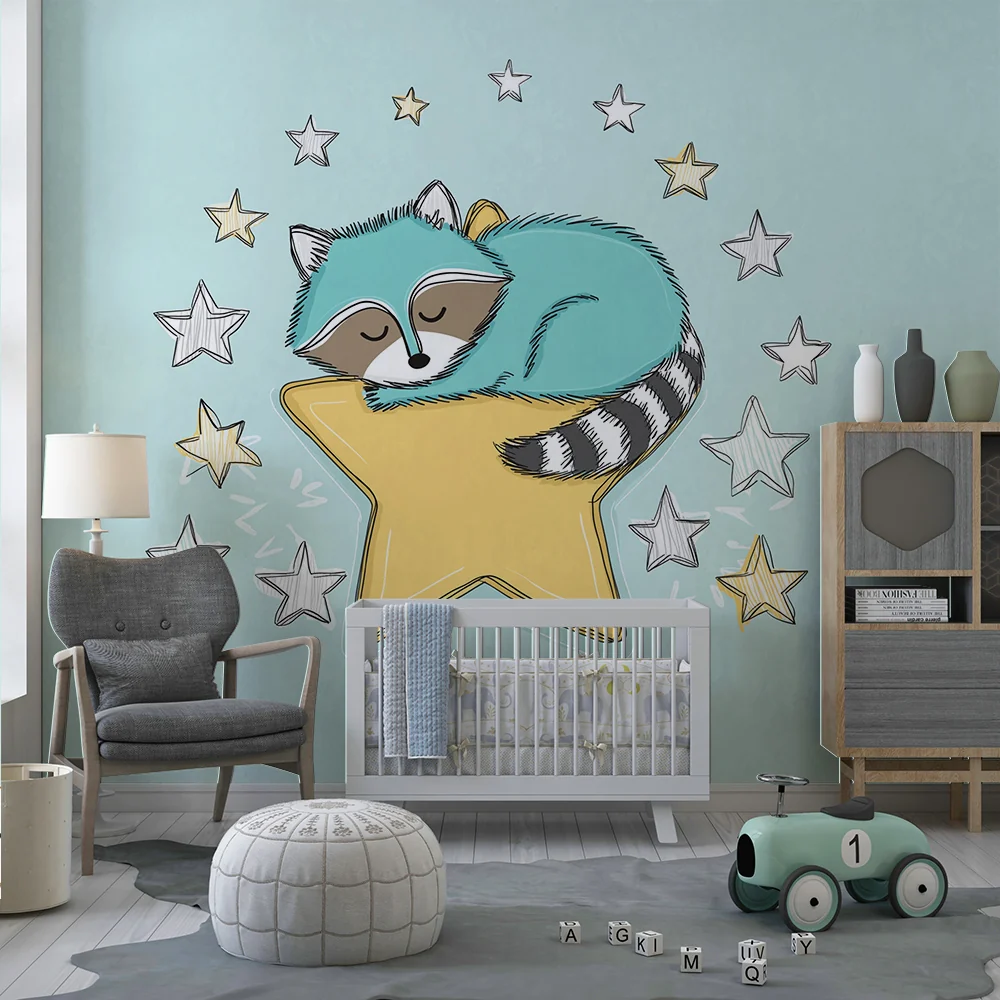 Nursery room wallpaper | Alsó álmos mosómedve egy csillagon csillogó csillagokkal