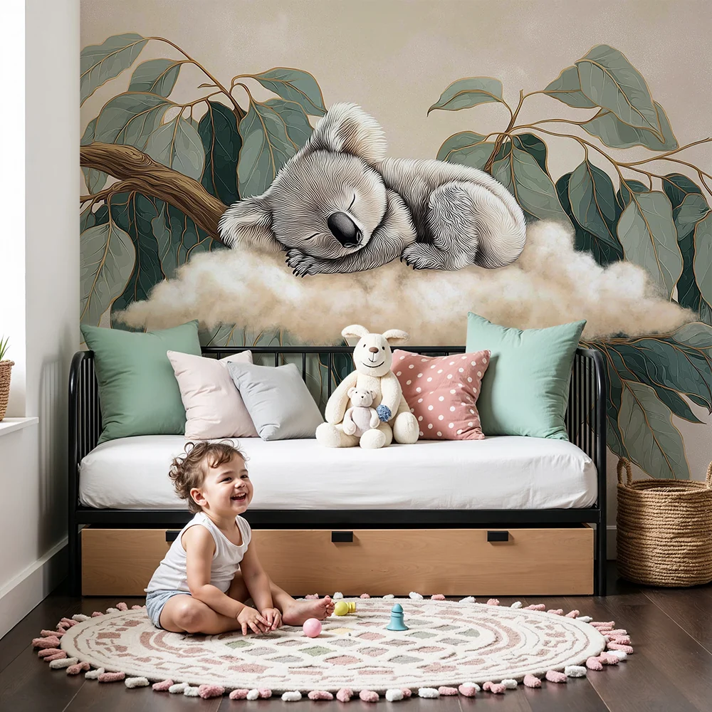 Nursery room wallpaper | Alszó koala felhőn eukaliptusz levelekkel