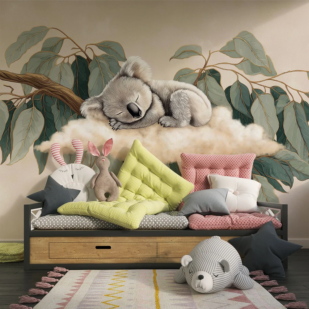 Nursery room wallpaper | Alszó koala felhőn eukaliptusz levelekkel