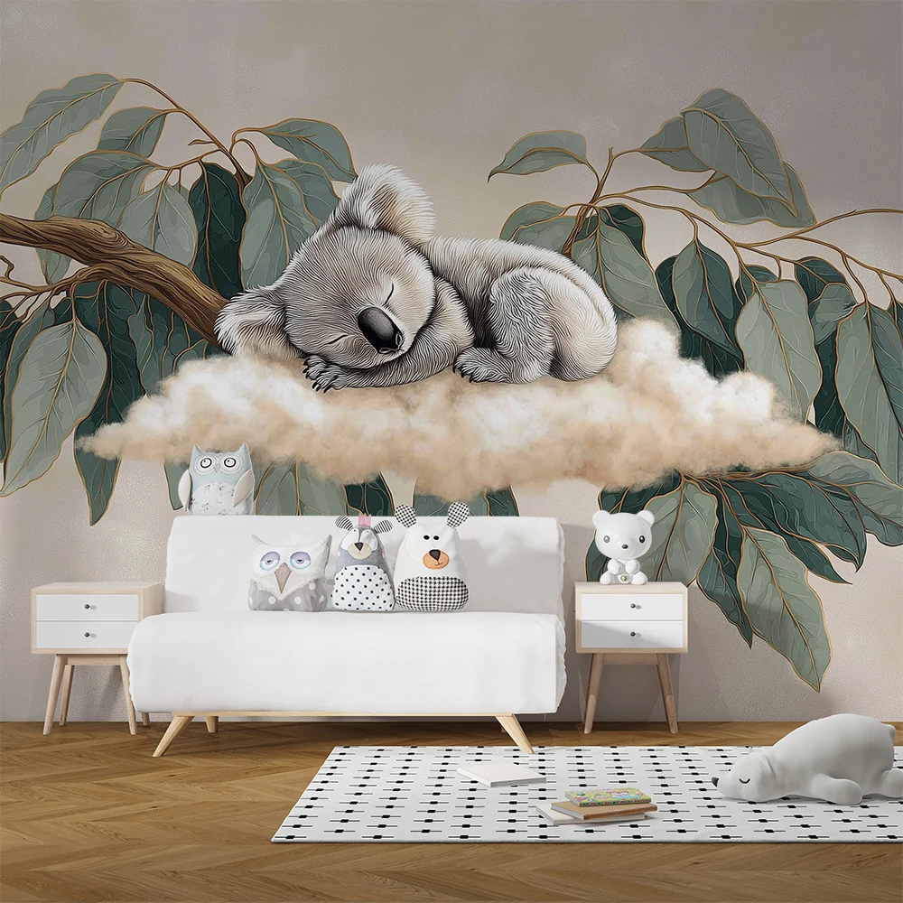 Nursery room wallpaper | Alszó koala felhőn eukaliptusz levelekkel