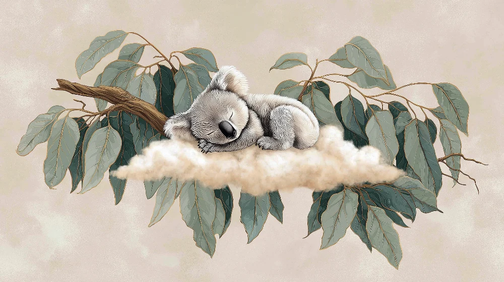 Nursery room wallpaper | Alszó koala felhőn eukaliptusz levelekkel