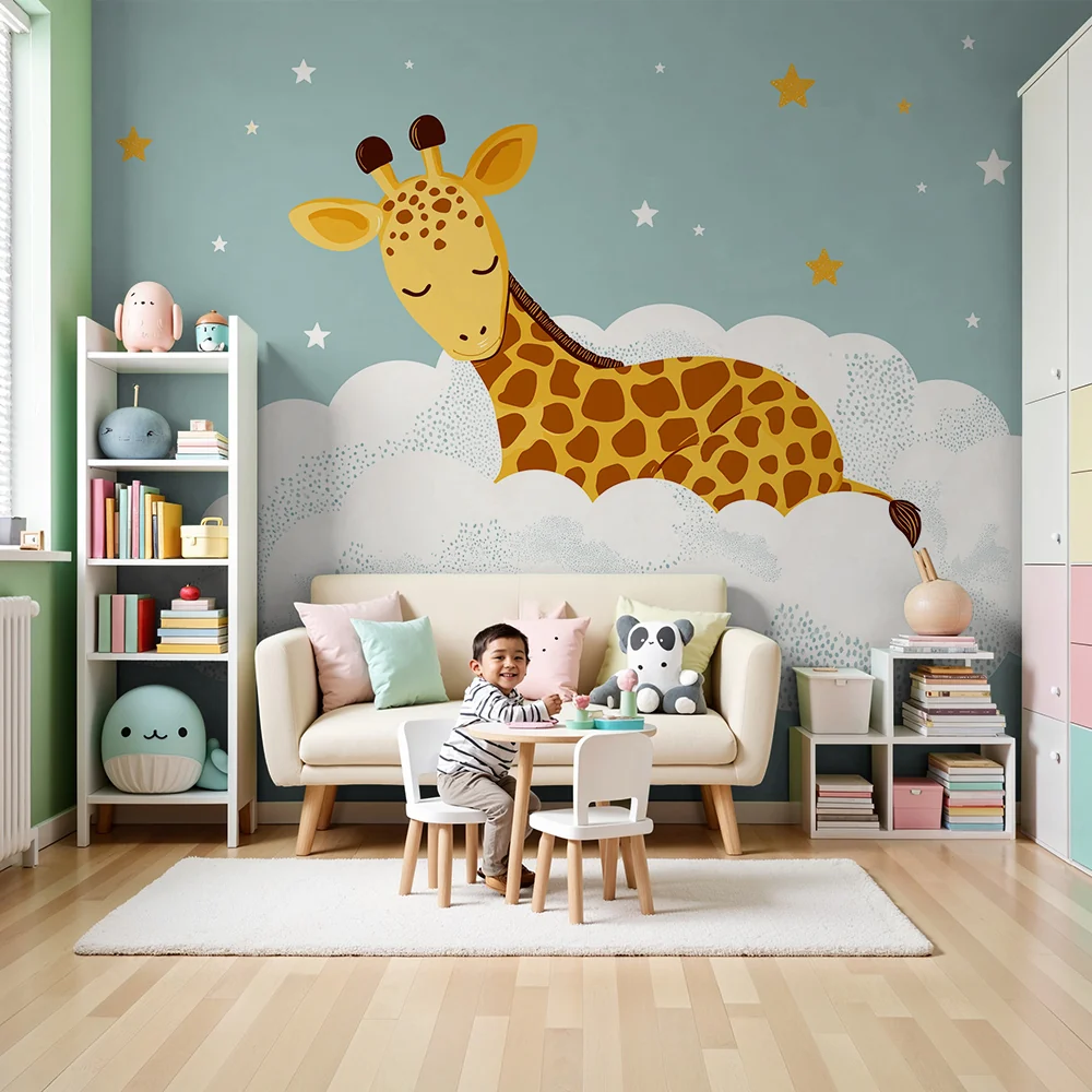 Nursery room wallpaper | Alszó zsiráf egy csillagos felhőn