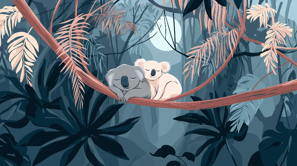 Nursery room wallpaper | Két alvó koala egy nyugtató dzsungelben