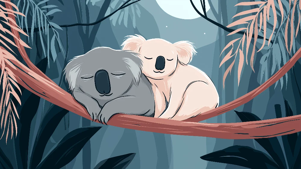 Nursery room wallpaper | Két alvó koala egy ágon egy nyugtató dzsungelben