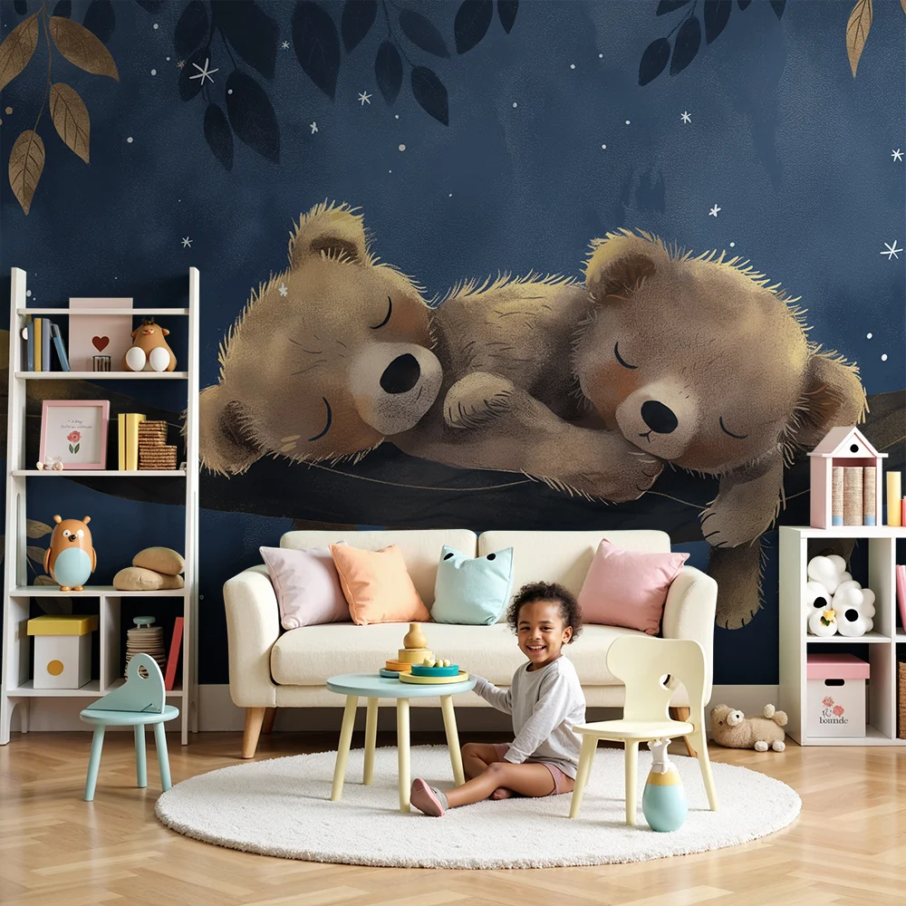 Nursery room wallpaper | Két alvó medve egy csillagos ég alatt