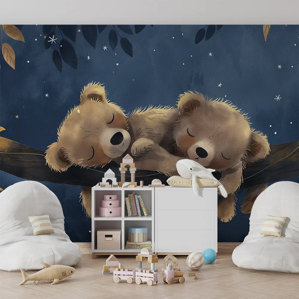 Nursery room wallpaper | Két alvó medve egy csillagos ég alatt