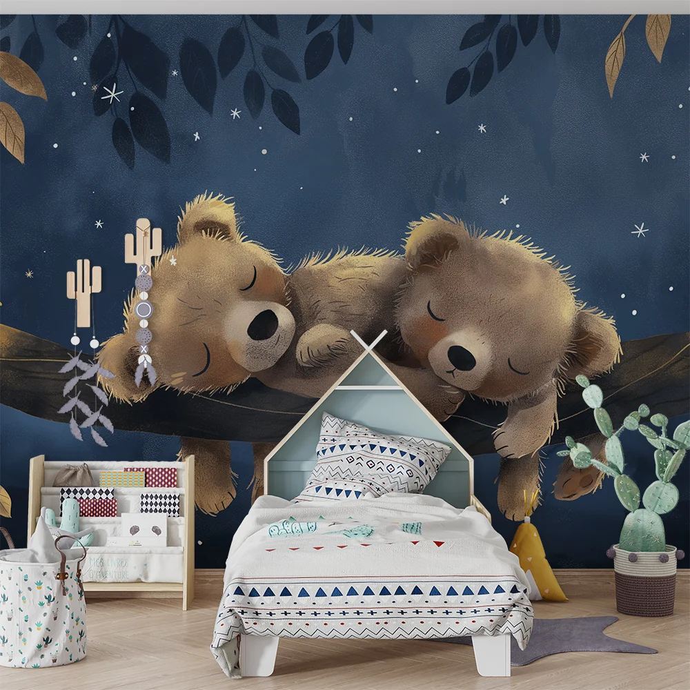 Nursery room wallpaper | Két alvó medve egy csillagos ég alatt