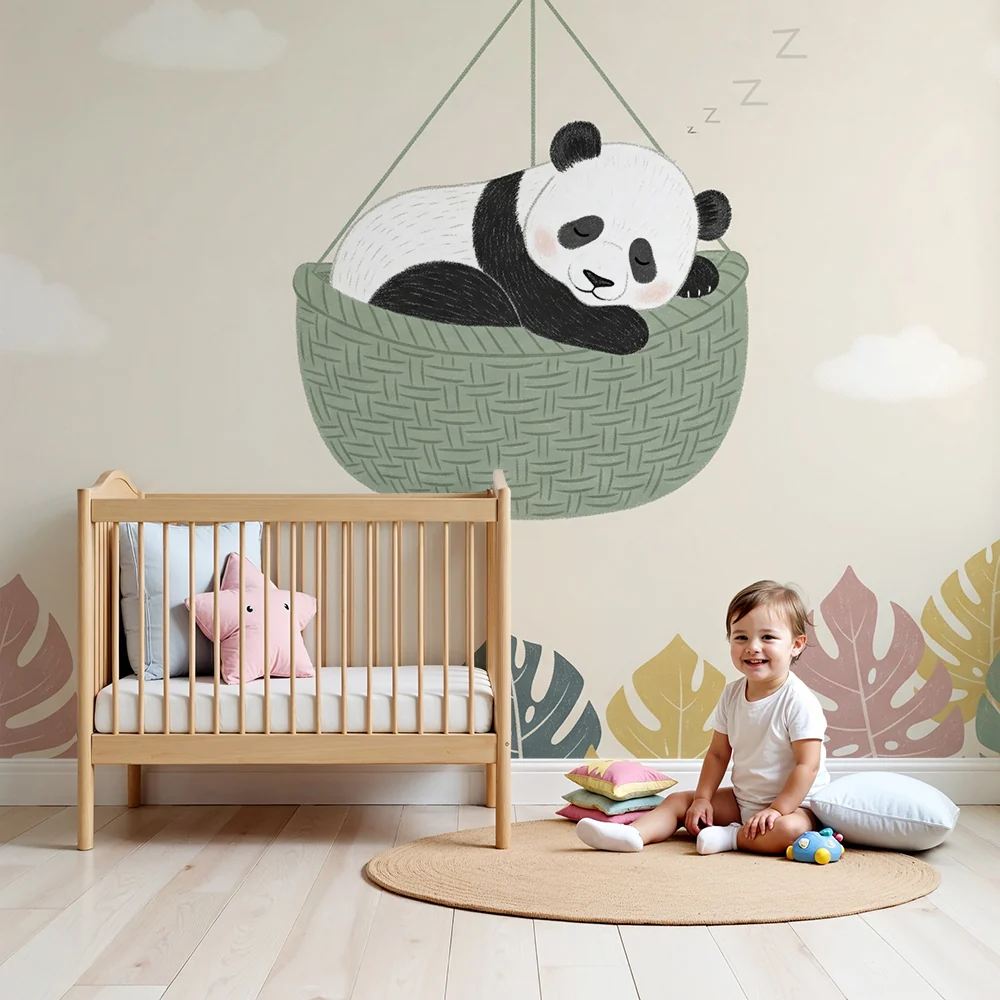 Nursery room wallpaper | Alvó panda egy kosárban
