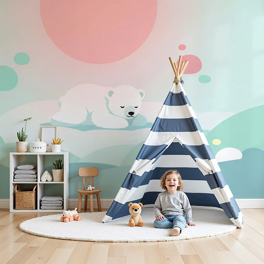 Nursery room wallpaper | Alva medve aludt pasztell felhőkön