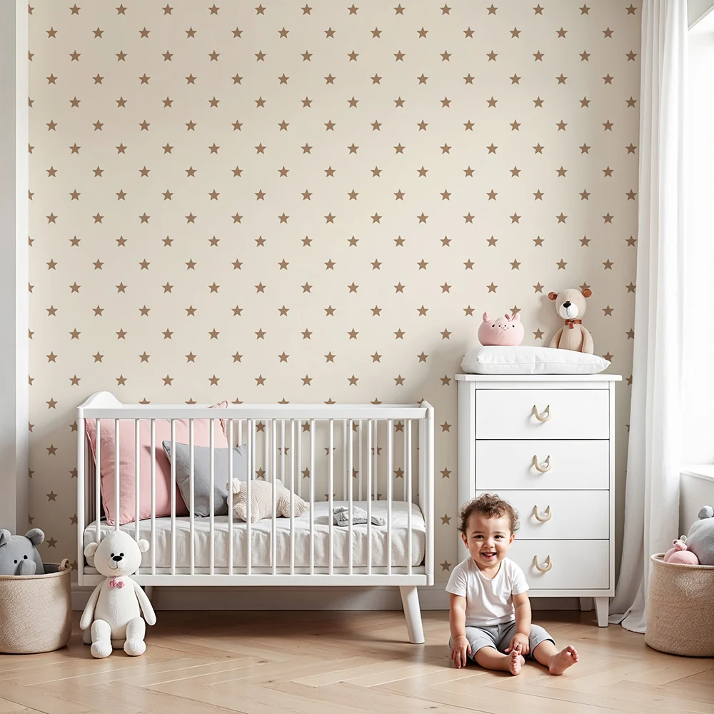 Nursery room wallpaper | Arany csillagok krémes háttéren, lágy hangulathoz