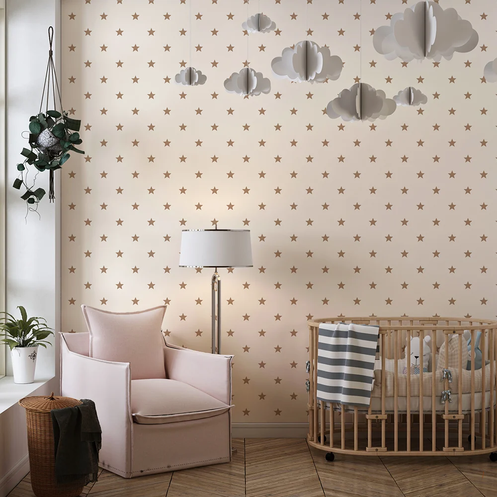 Nursery room wallpaper | Arany csillagok krémes háttéren, lágy hangulathoz