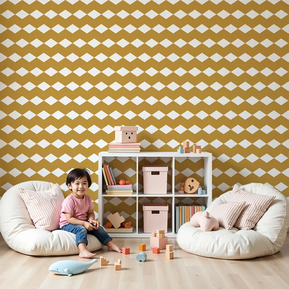 Nursery room wallpaper | Arany és fehér rombuszmintás minta egy lágy hangulathoz