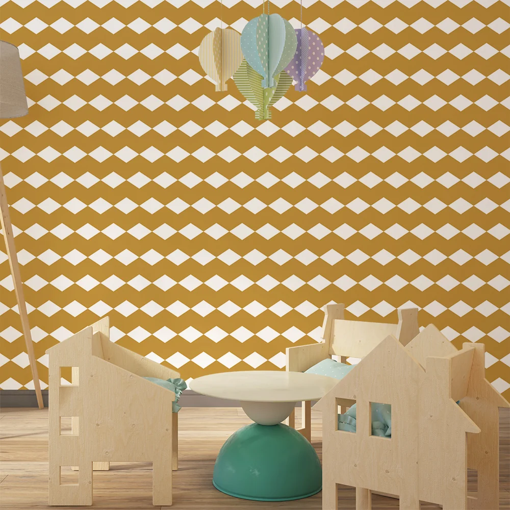 Nursery room wallpaper | Arany és fehér rombuszmintás minta egy lágy hangulathoz