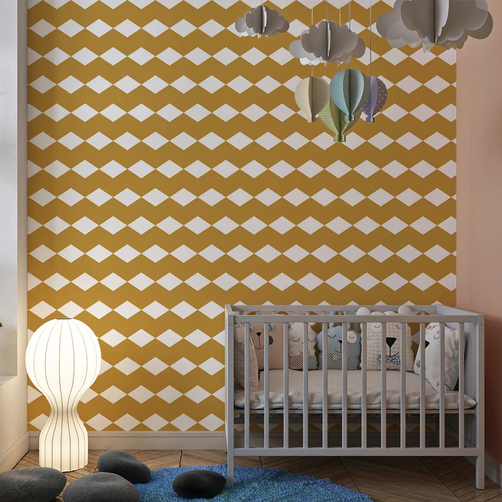 Nursery room wallpaper | Arany és fehér rombuszmintás minta egy lágy hangulathoz