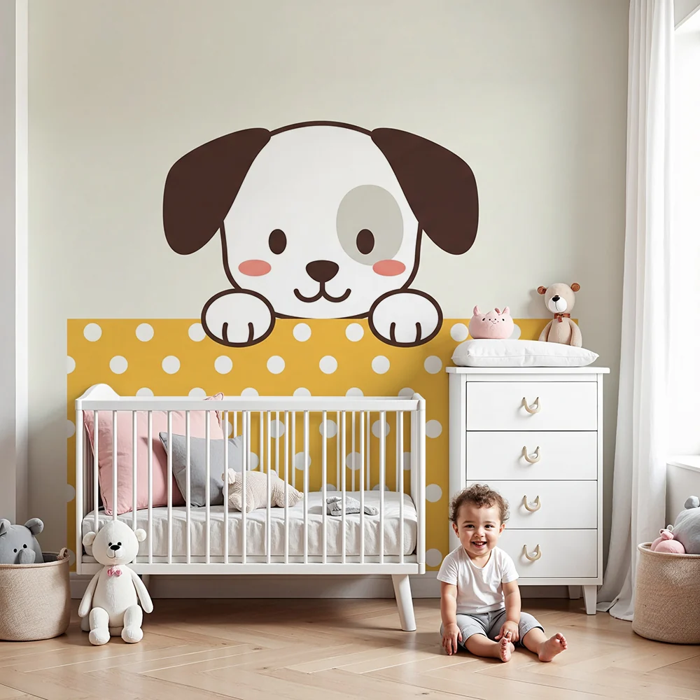 Nursery room wallpaper | Arany pöttyös háttal aranyos kiskutya