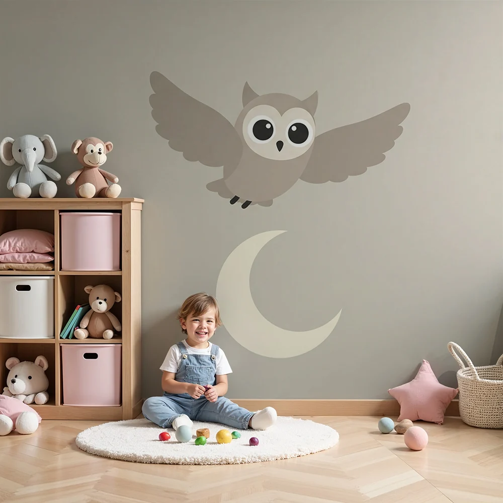 Nursery room wallpaper | Aranyos bagoly repül hold alatt