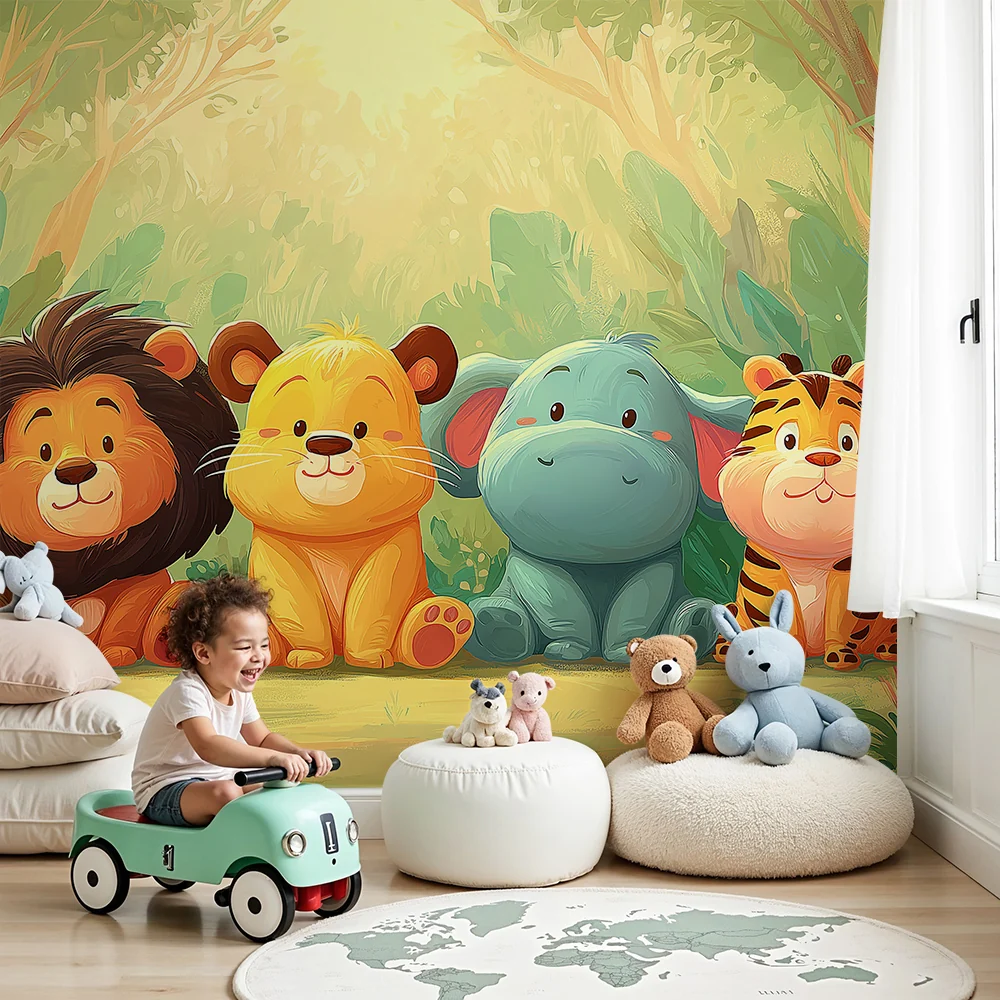 Nursery room wallpaper | Aranyos dzsungel állatok puha színekben