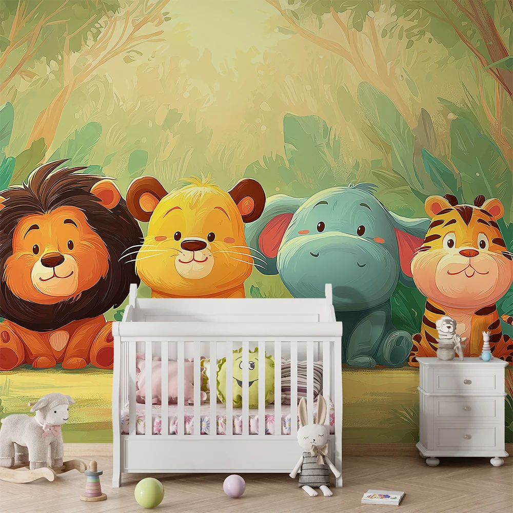 Nursery room wallpaper | Aranyos dzsungel állatok puha színekben