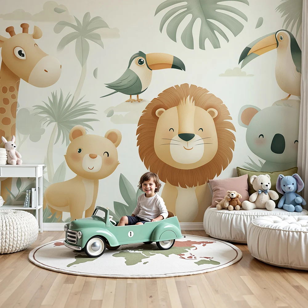Nursery room wallpaper | Aranyos dzsungelállatok trópusi növényzet között