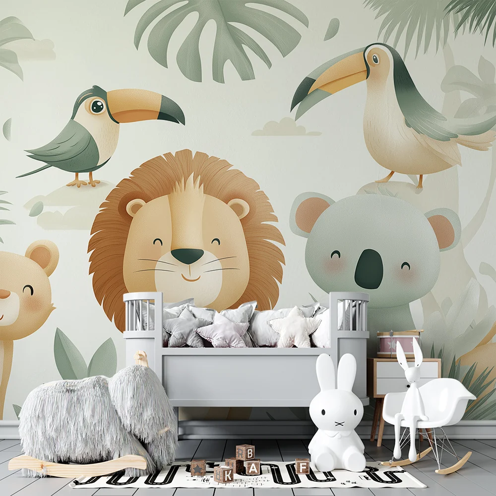 Nursery room wallpaper | Aranyos dzsungelállatok trópusi növényzet között