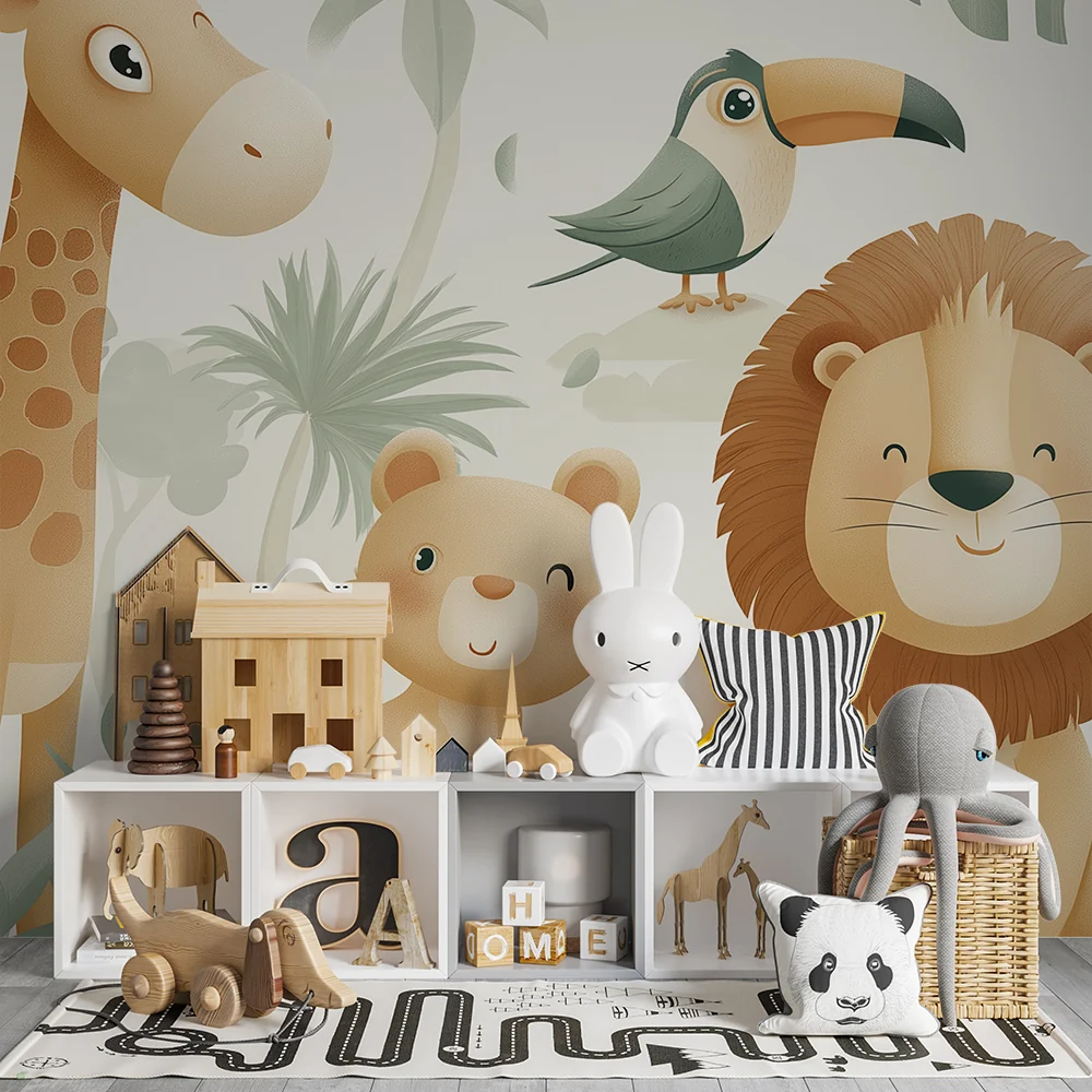 Nursery room wallpaper | Aranyos dzsungelállatok trópusi növényzet között