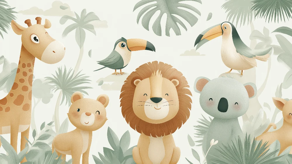 Nursery room wallpaper | Aranyos dzsungelállatok trópusi növényzet között