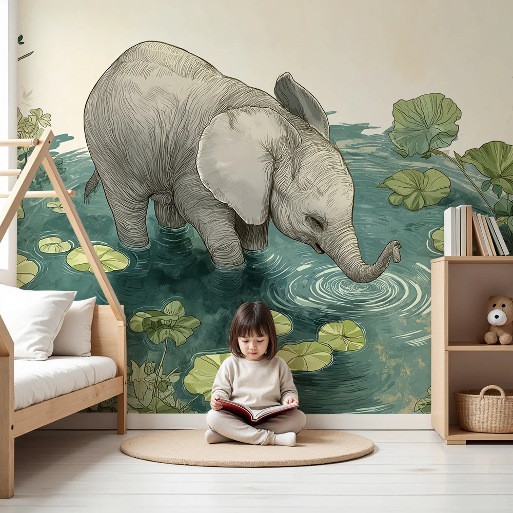 Nursery room wallpaper | Aranyos elefánt egy tóban vízililiomok között