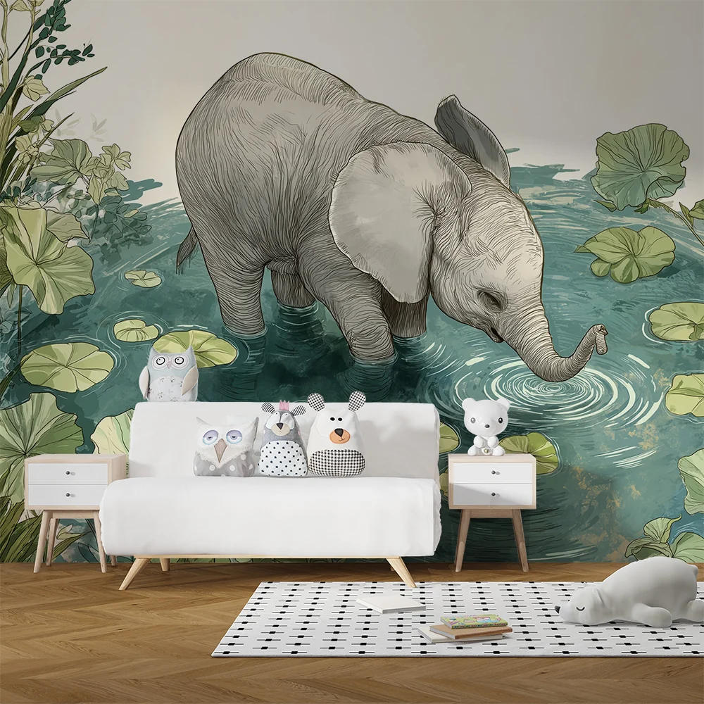 Nursery room wallpaper | Aranyos elefánt egy tóban vízililiomok között