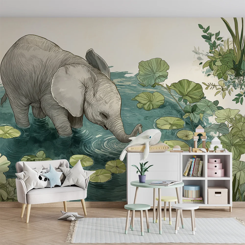 Nursery room wallpaper | Aranyos elefánt egy tóban vízililiomok között