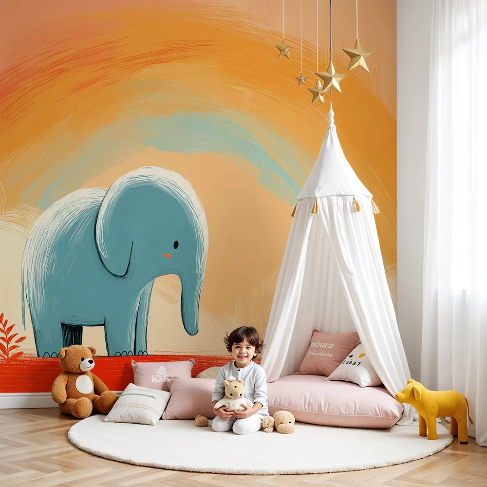 Nursery room wallpaper | Aranyos elefánt pasztell szivárvány alatt