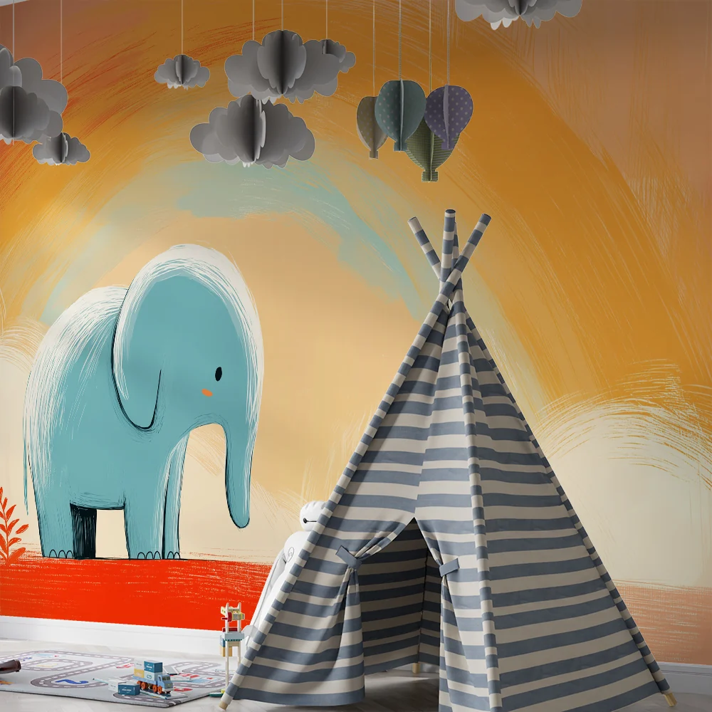 Nursery room wallpaper | Aranyos elefánt pasztell szivárvány alatt