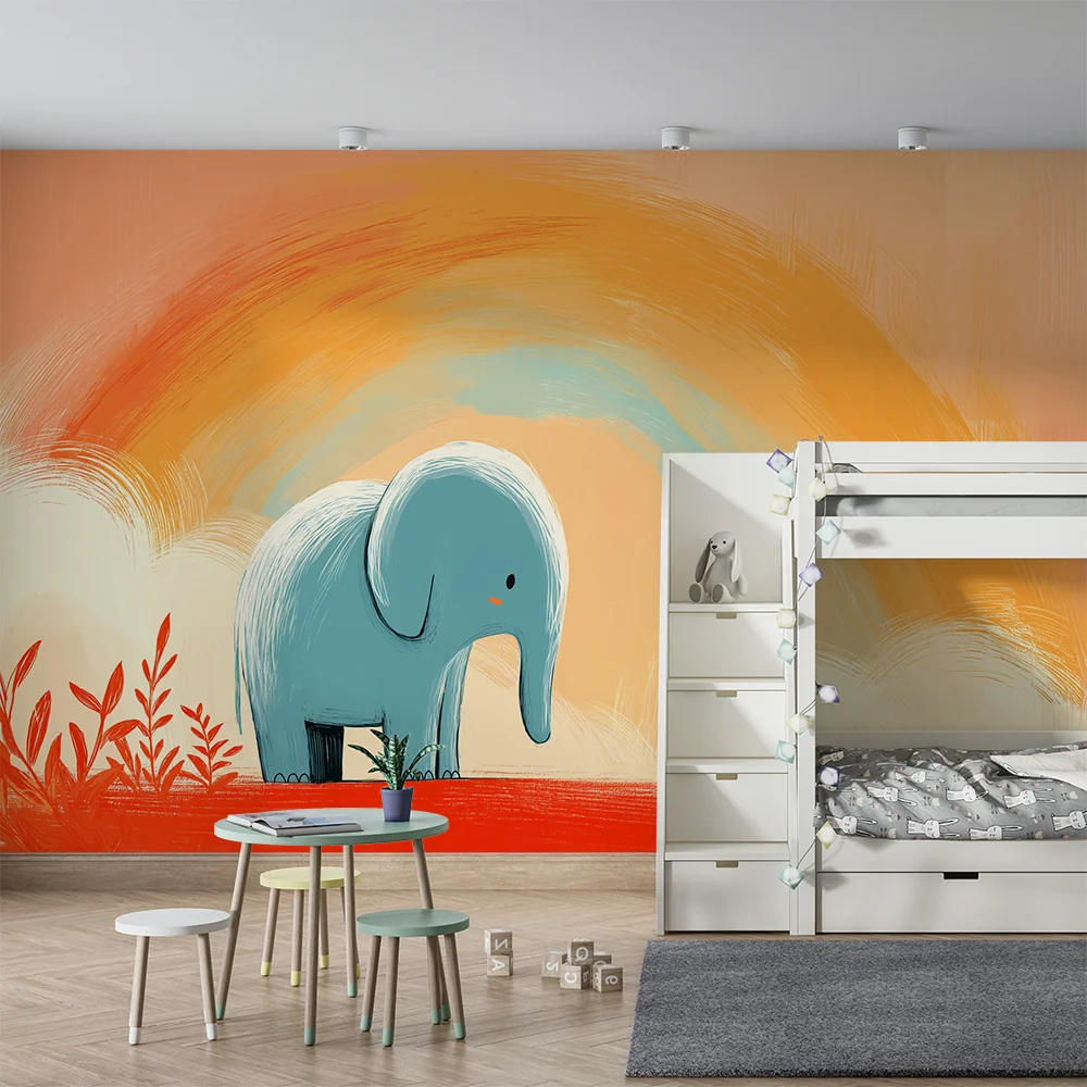 Nursery room wallpaper | Aranyos elefánt pasztell szivárvány alatt
