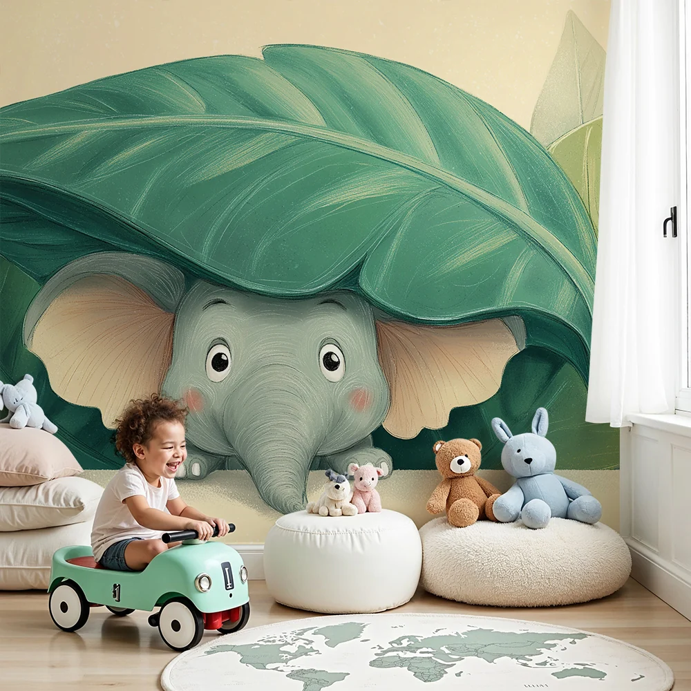 Nursery room wallpaper | Aranyos elefánt rejtőzik egy nagy levél alatt