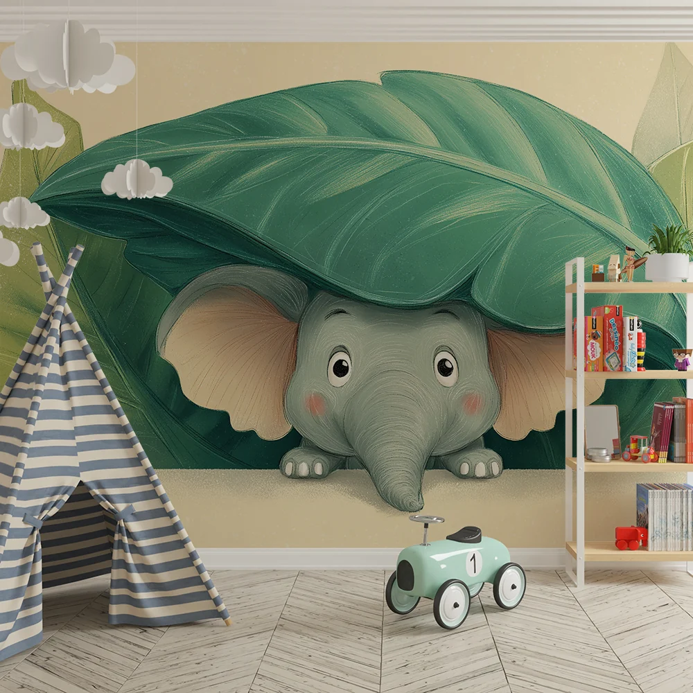 Nursery room wallpaper | Aranyos elefánt rejtőzik egy nagy levél alatt