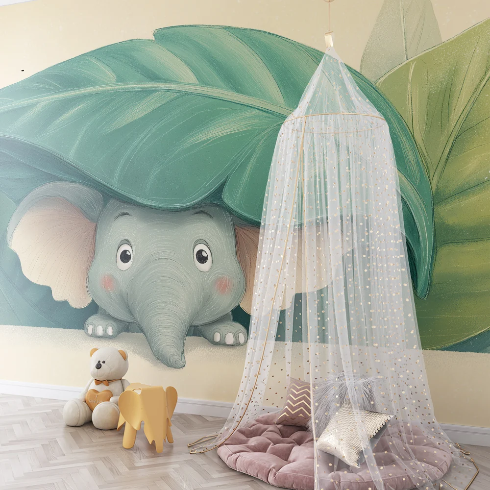 Nursery room wallpaper | Aranyos elefánt rejtőzik egy nagy levél alatt