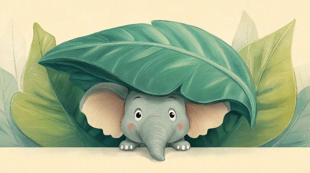 Nursery room wallpaper | Aranyos elefánt rejtőzik egy nagy levél alatt