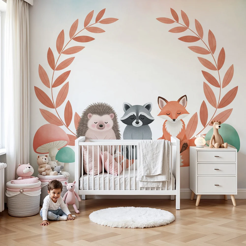 Nursery room wallpaper | Aranyos erdő állatok színes gombákkal