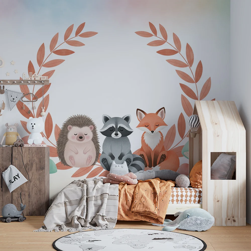 Nursery room wallpaper | Aranyos erdő állatok színes gombákkal
