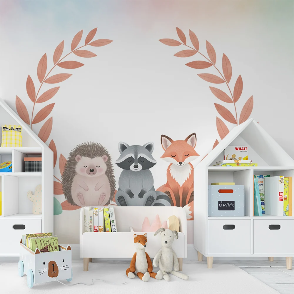 Nursery room wallpaper | Aranyos erdő állatok színes gombákkal