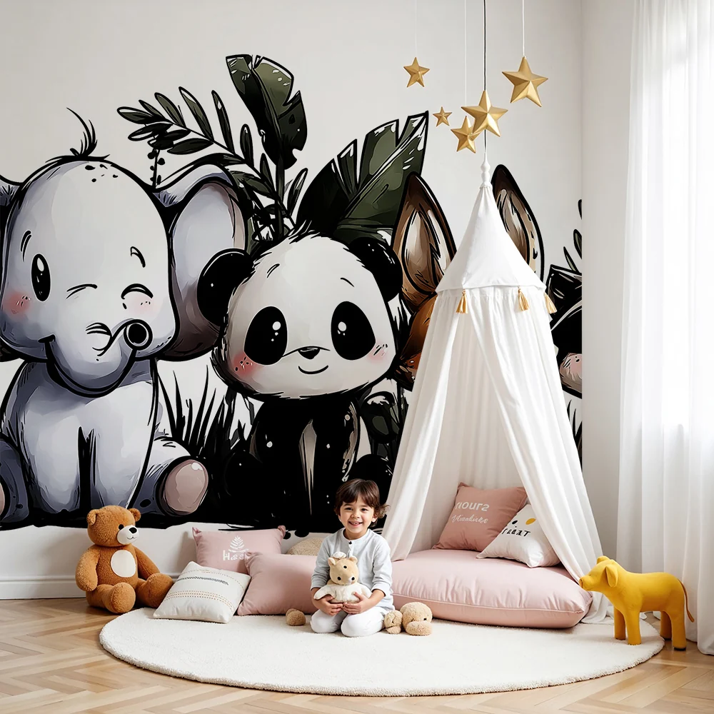 Nursery room wallpaper | Aranyos erdőbeli állatok trópusi lombozattal