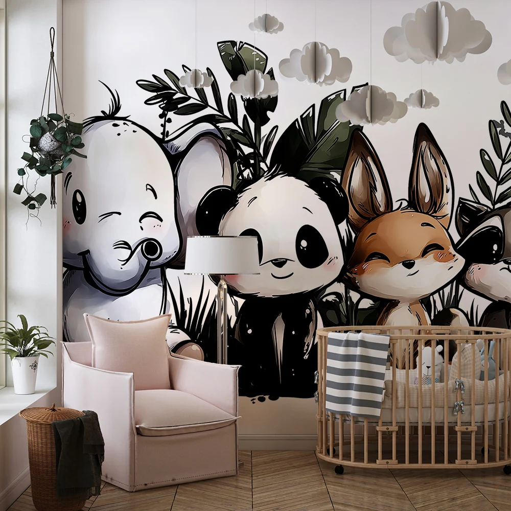 Nursery room wallpaper | Aranyos erdőbeli állatok trópusi lombozattal