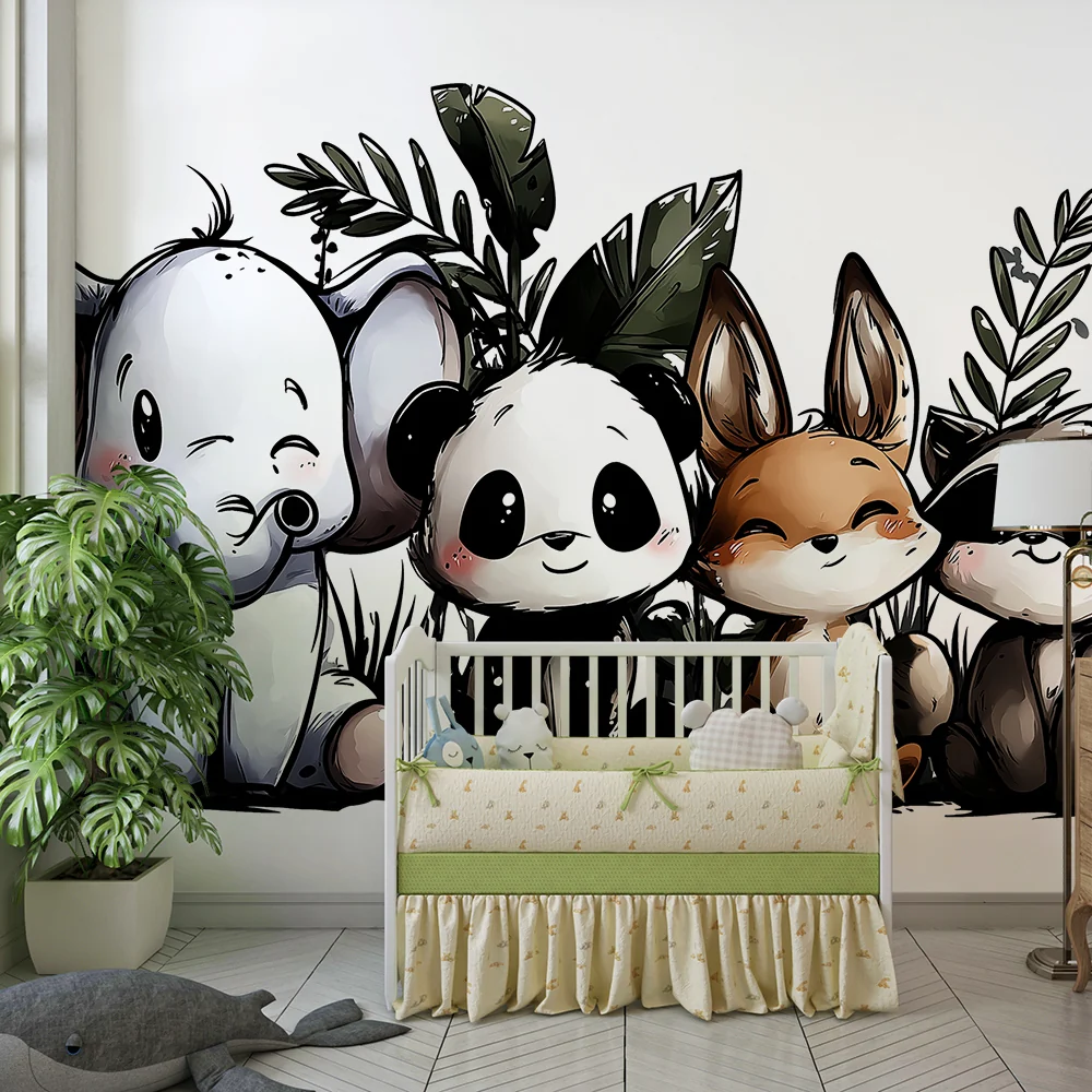 Nursery room wallpaper | Aranyos erdőbeli állatok trópusi lombozattal