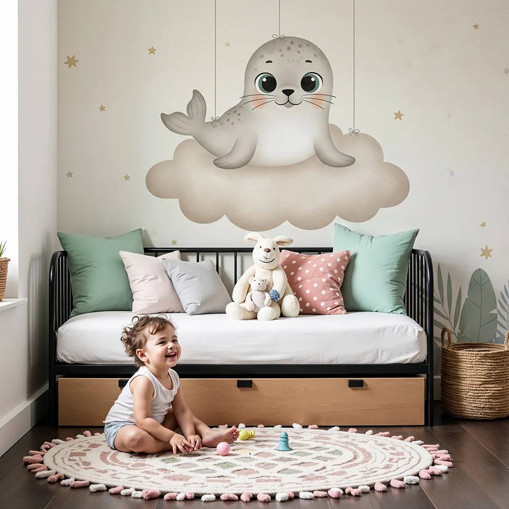 Nursery room wallpaper | Aranyos fóka egy felhőn